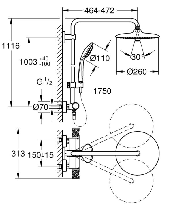 Zdjęcie Zestaw prysznicowy z termostatem do montażu ściennego Grohe Euphoria System 260 27296003 .